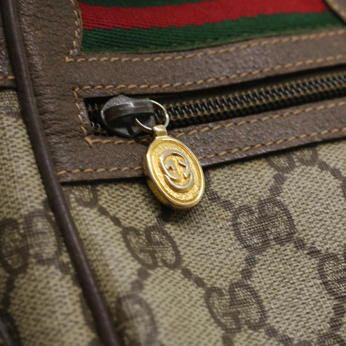 GUCCI Web Sherry Line GG Canvas Shoulder Bag PVC Leather Beige Green tb446