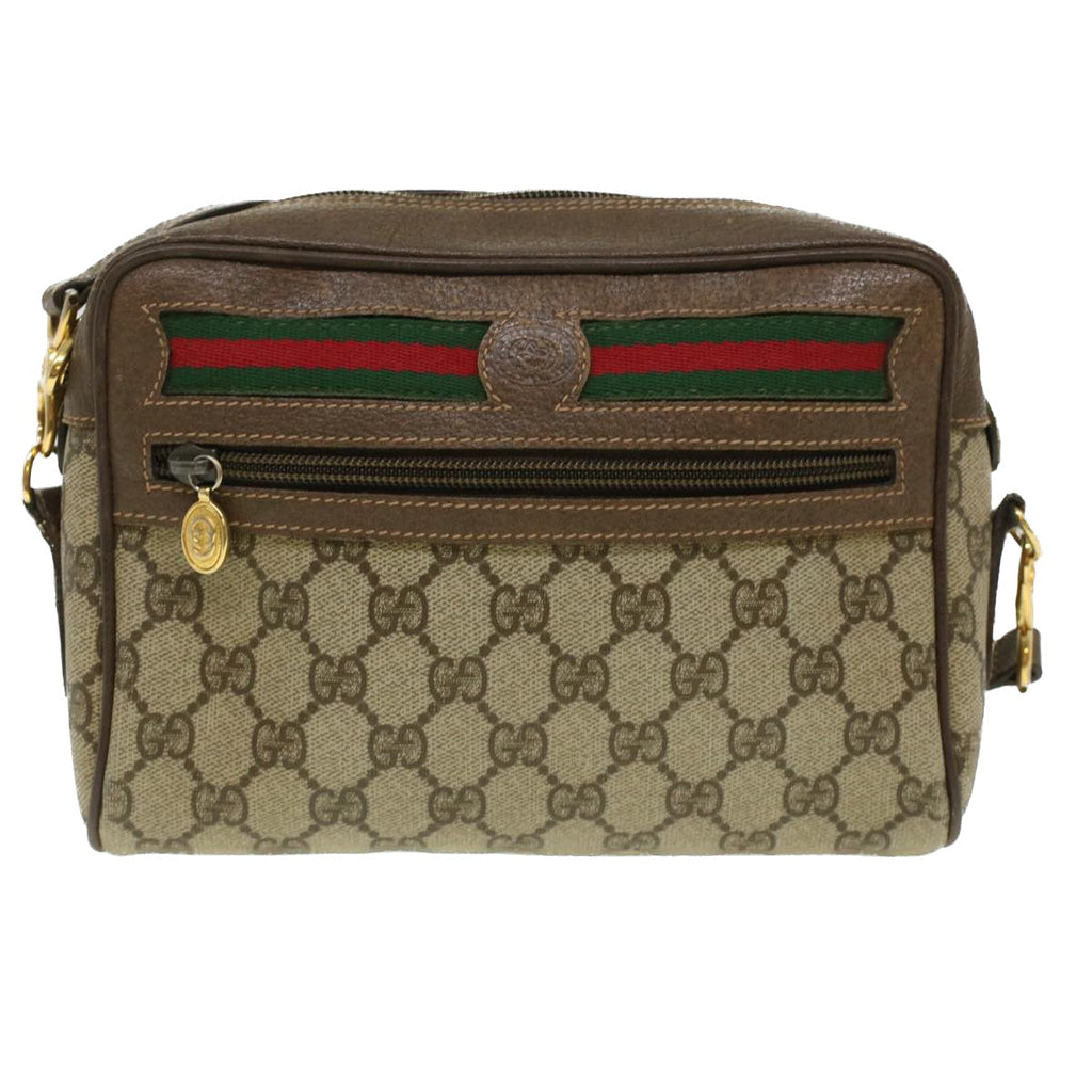 GUCCI Web Sherry Line GG Canvas Shoulder Bag PVC Leather Beige Green tb446