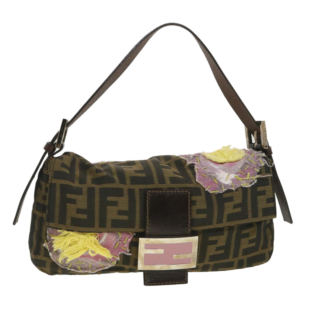 FENDI Zucca Canvas flower embroidery Mamma Baguette Shoulder Brown tb552