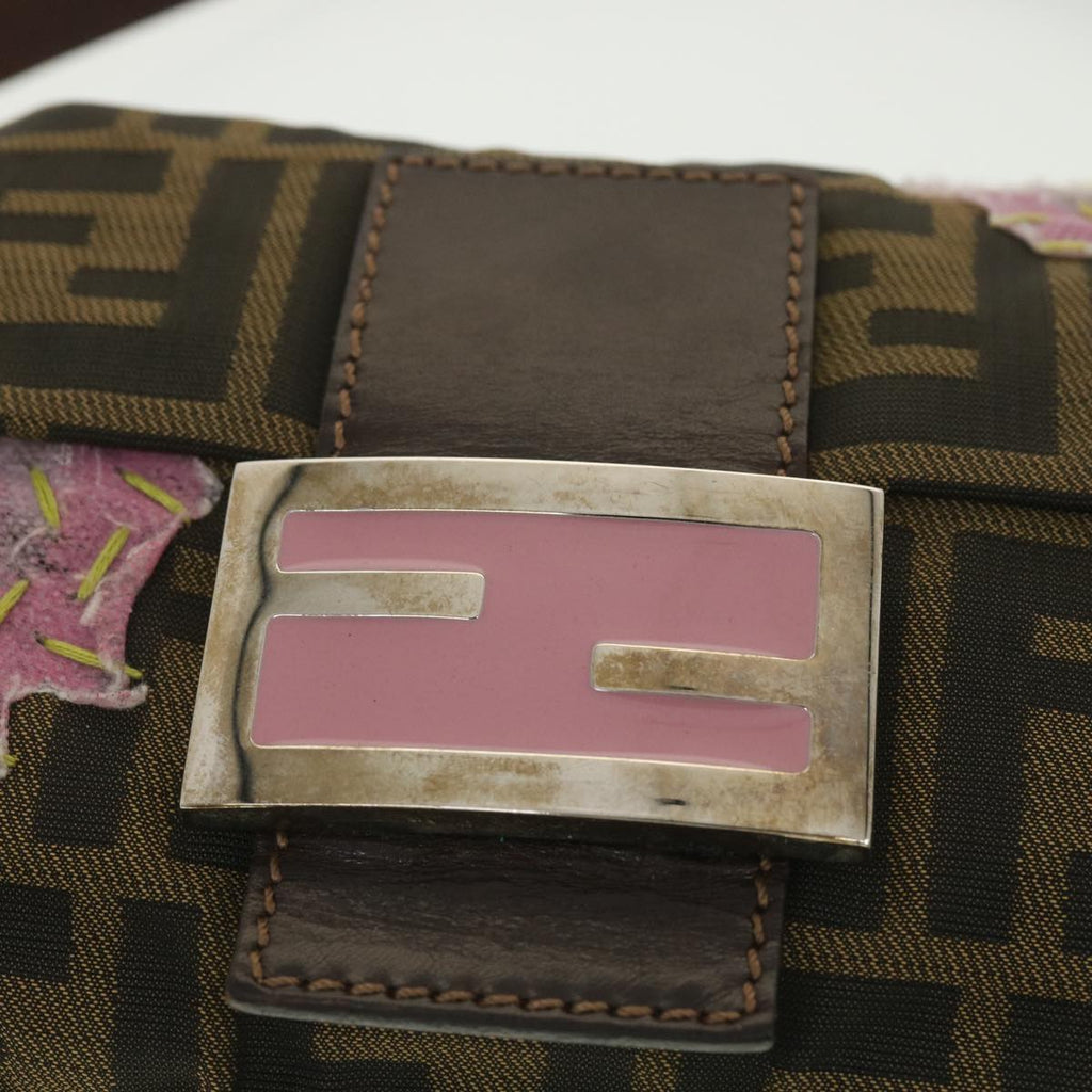 FENDI Zucca Canvas flower embroidery Mamma Baguette Shoulder Brown tb552
