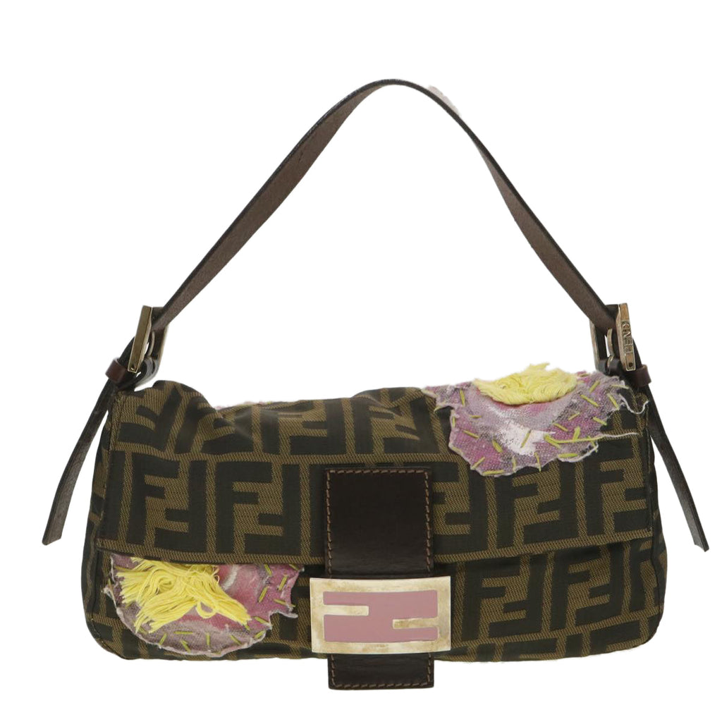 FENDI Zucca Canvas flower embroidery Mamma Baguette Shoulder Brown tb552