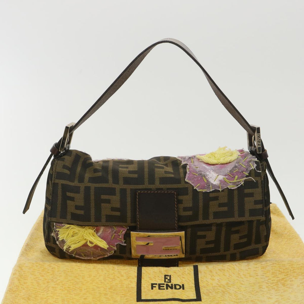 FENDI Zucca Canvas flower embroidery Mamma Baguette Shoulder Brown tb552