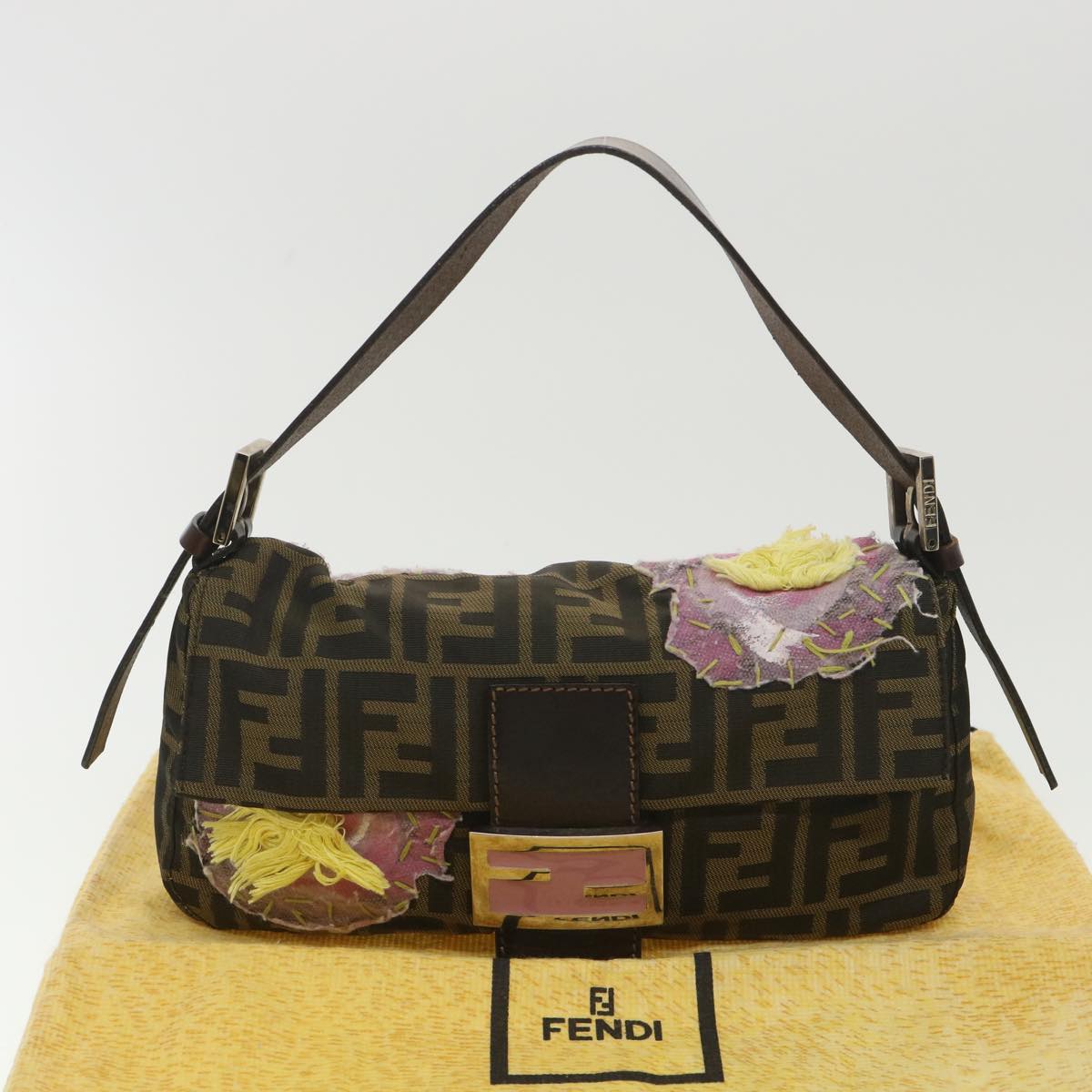 FENDI Zucca Canvas flower embroidery Mamma Baguette Shoulder Brown tb552