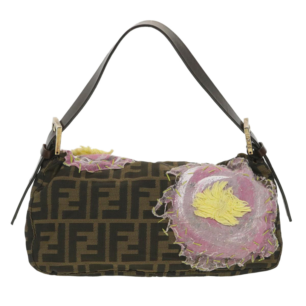 FENDI Zucca Canvas flower embroidery Mamma Baguette Shoulder Brown tb552
