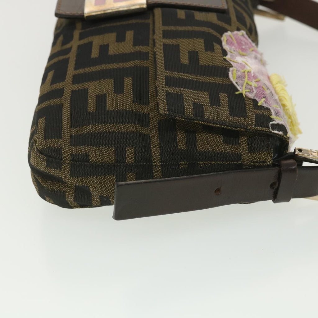 FENDI Zucca Canvas flower embroidery Mamma Baguette Shoulder Brown tb552