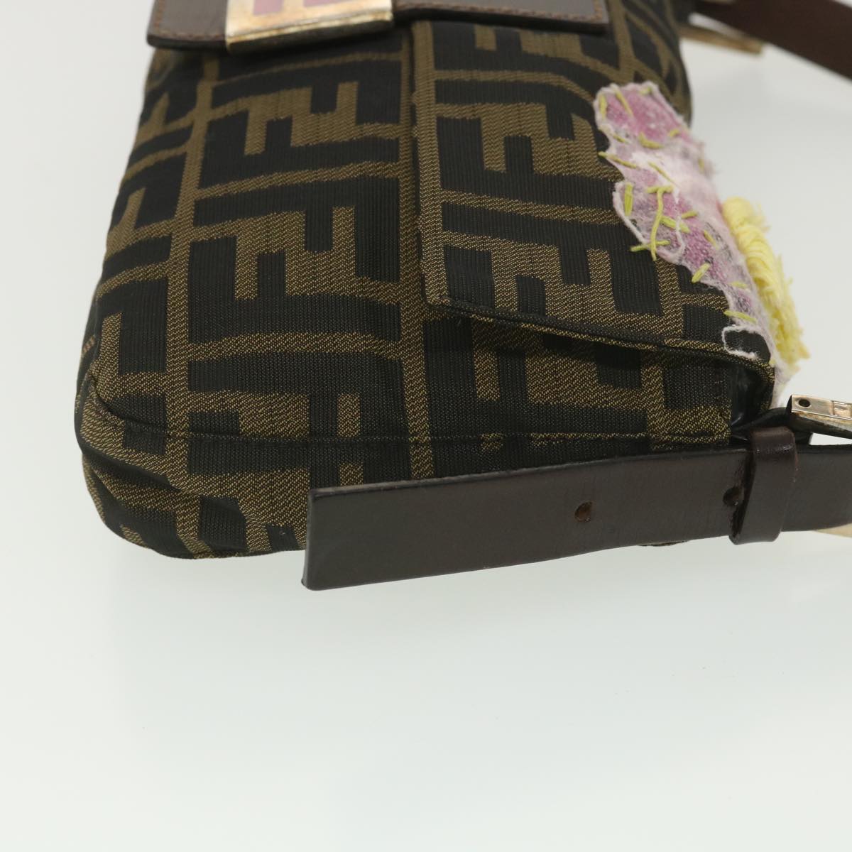 FENDI Zucca Canvas flower embroidery Mamma Baguette Shoulder Brown tb552