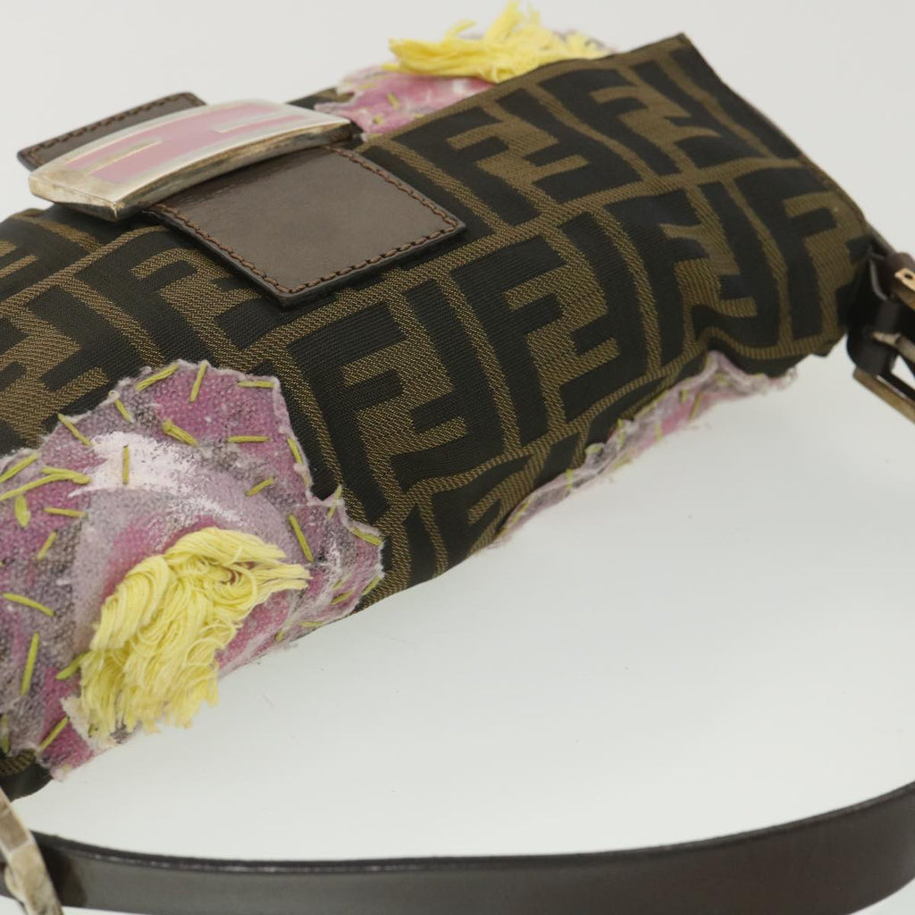 FENDI Zucca Canvas flower embroidery Mamma Baguette Shoulder Brown tb552