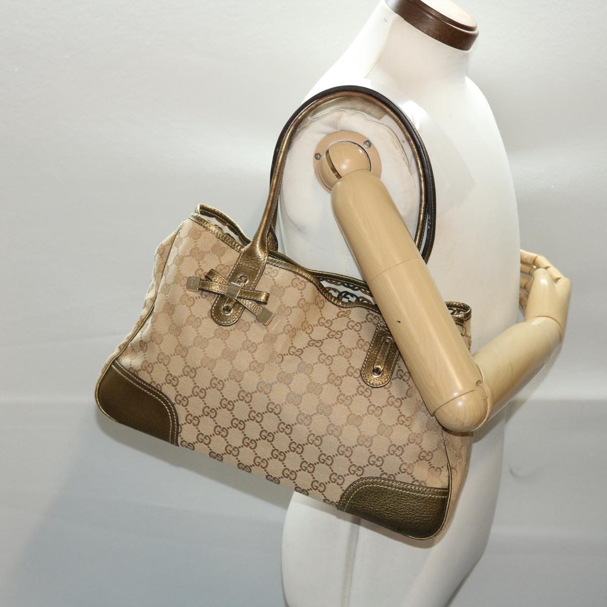GUCCI GG Canvas Princy Line Tote Bag Leather Gold Tone 163805 tb793