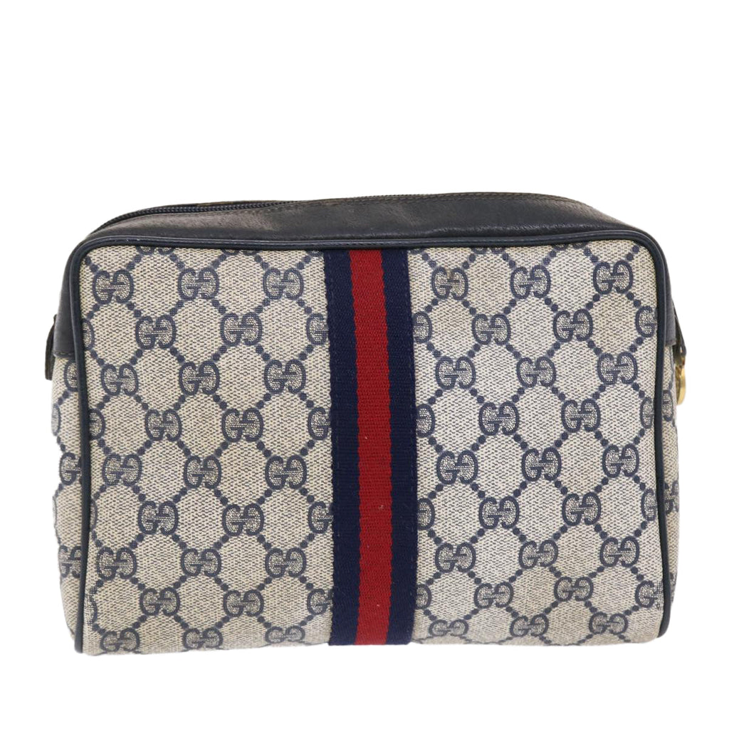 GUCCI GG Canvas Sherry Line Clutch Bag Gray Red Navy
