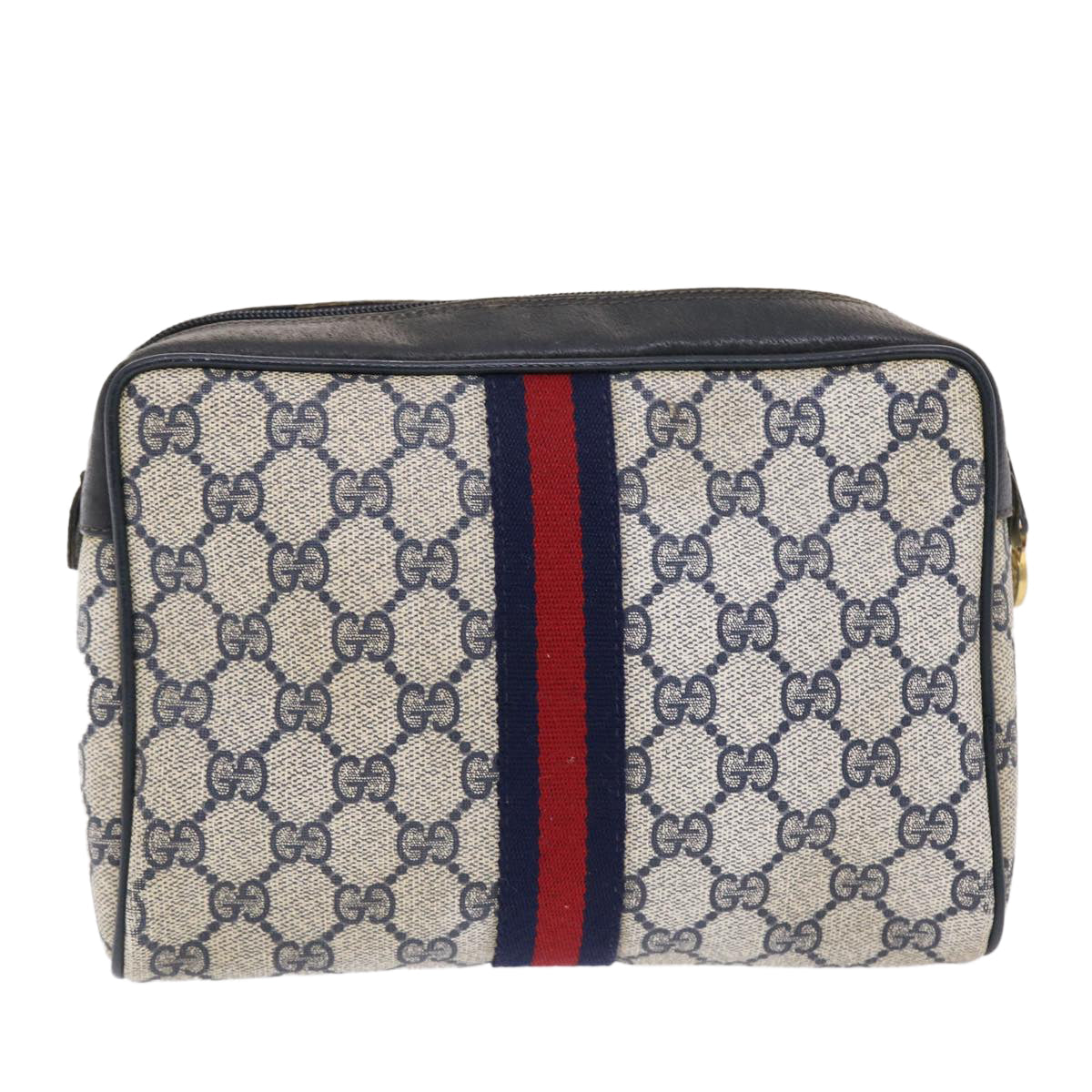 GUCCI GG Canvas Sherry Line Clutch Bag Gray Red Navy
