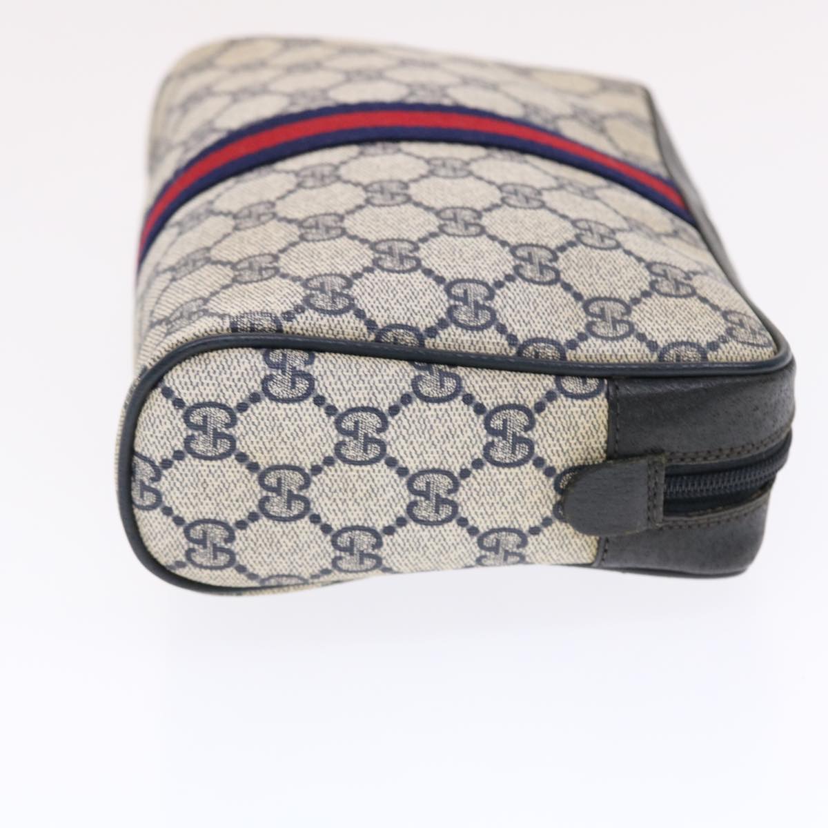 GUCCI GG Canvas Sherry Line Clutch Bag Gray Red Navy