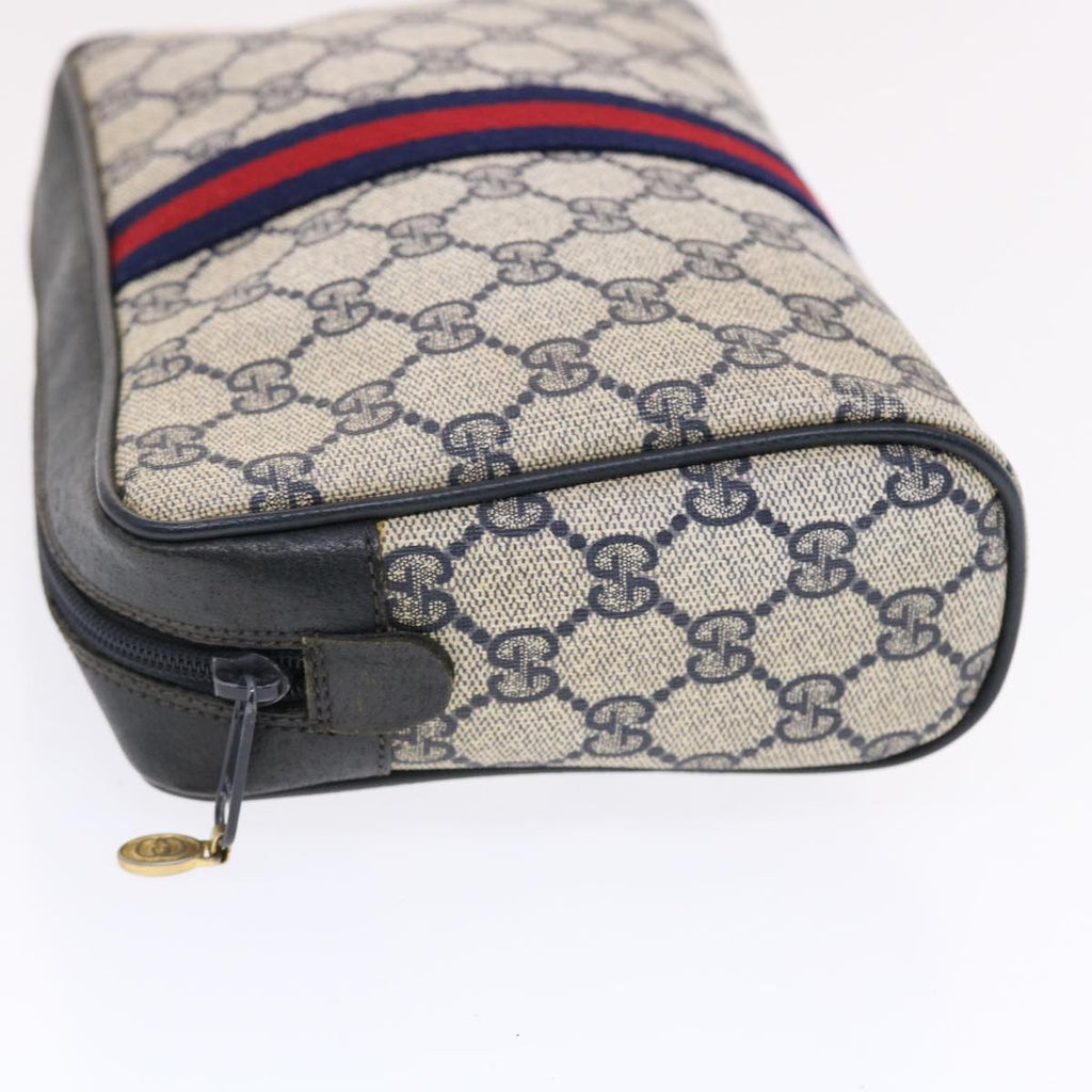 GUCCI GG Canvas Sherry Line Clutch Bag Gray Red Navy