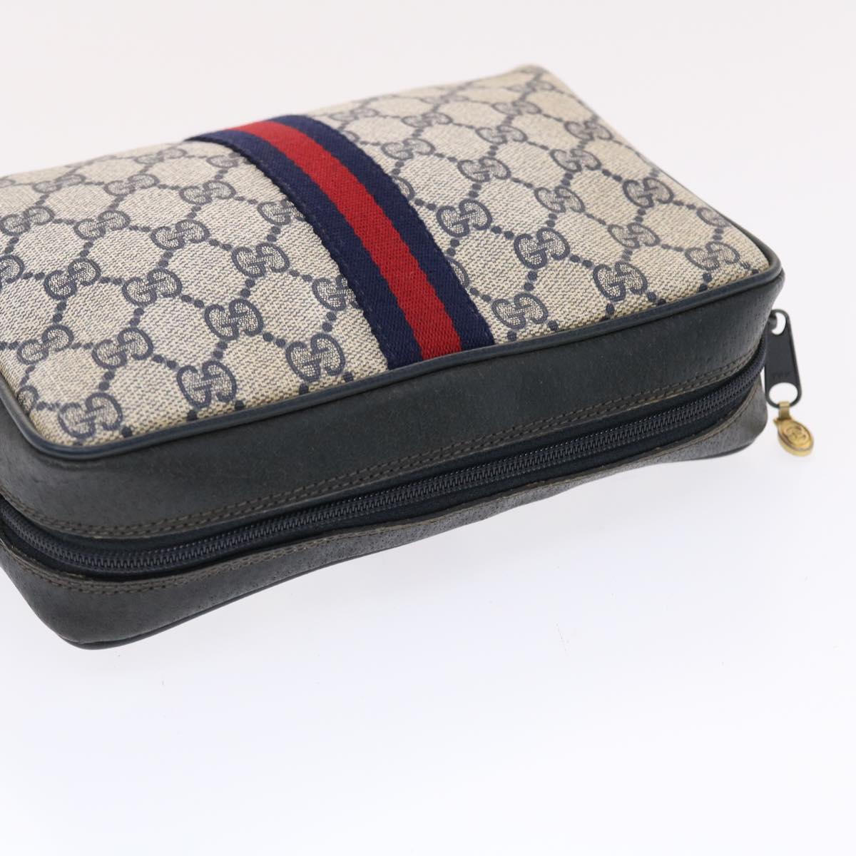 GUCCI GG Canvas Sherry Line Clutch Bag Gray Red Navy 14・014・3553 tb799