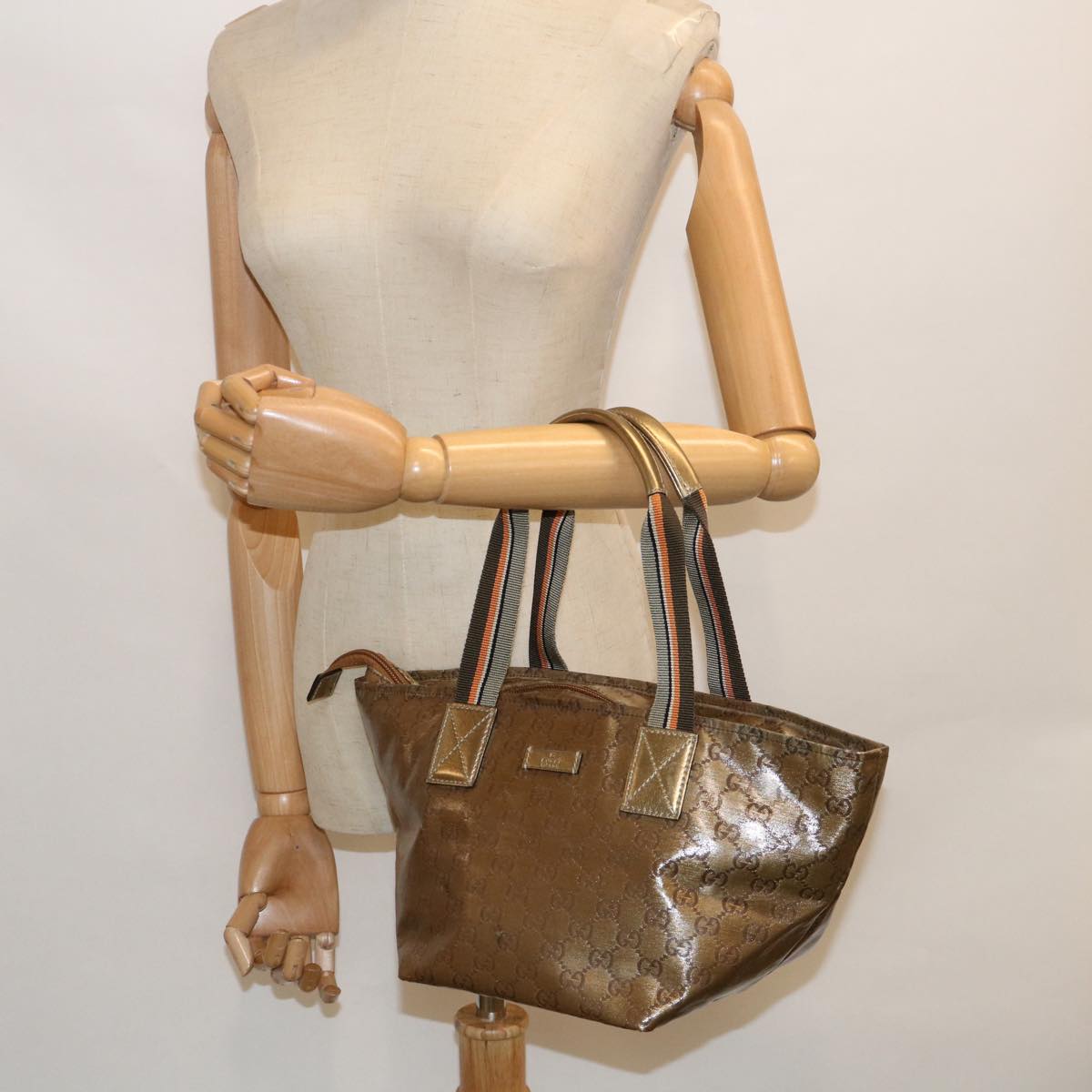 GUCCI GG Crystal Sherry Line Tote Bag Gold Tone Brown gray 131228 tb959