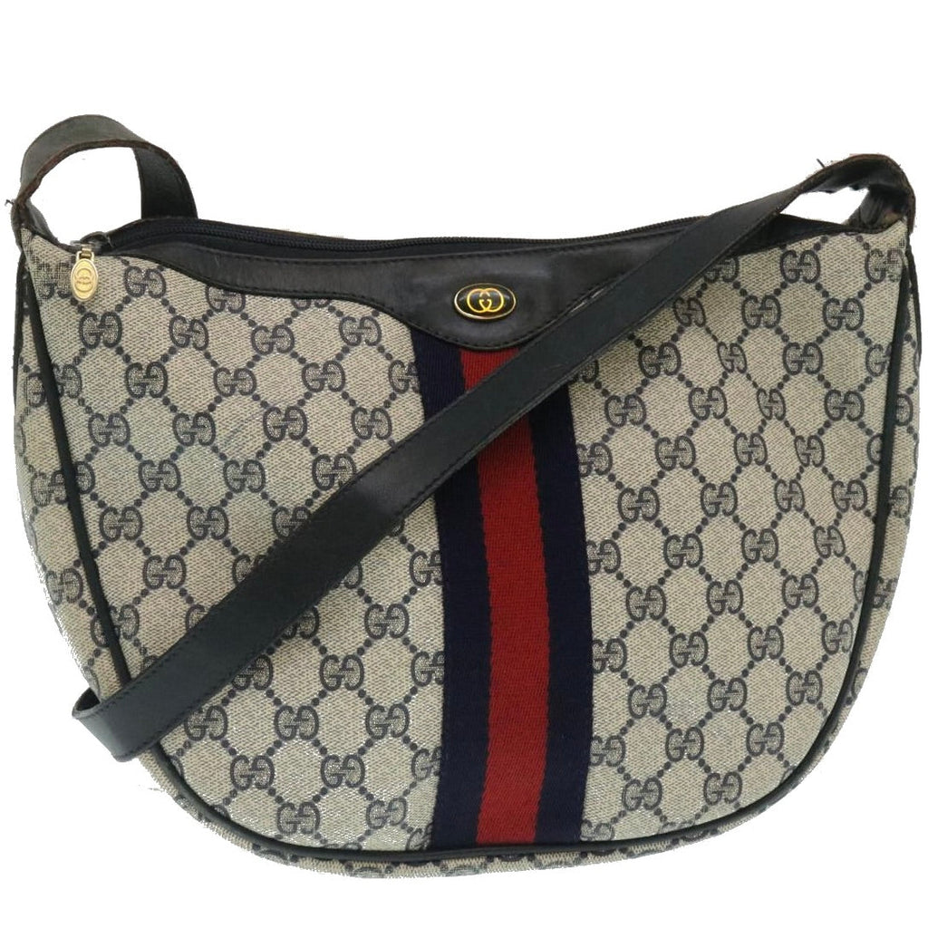 GUCCI Sherry Line GG Canvas Shoulder Bag PVC Leather Navy Red th2484