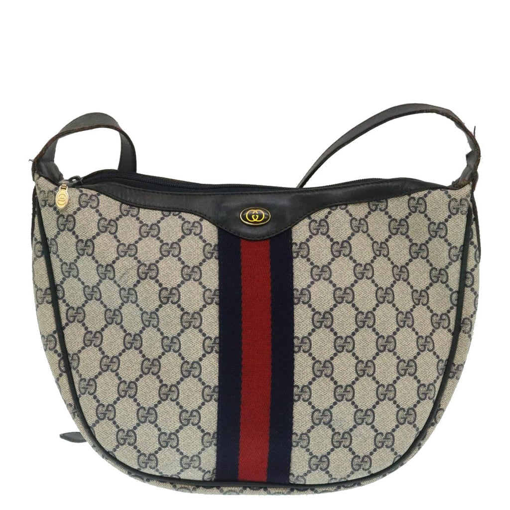 GUCCI Sherry Line GG Canvas Shoulder Bag PVC Leather Navy Red th2484