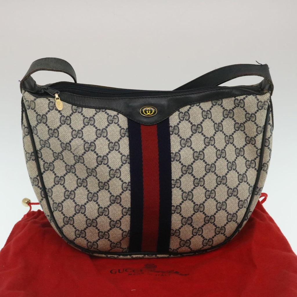 GUCCI Sherry Line GG Canvas Shoulder Bag PVC Leather Navy Red th2484