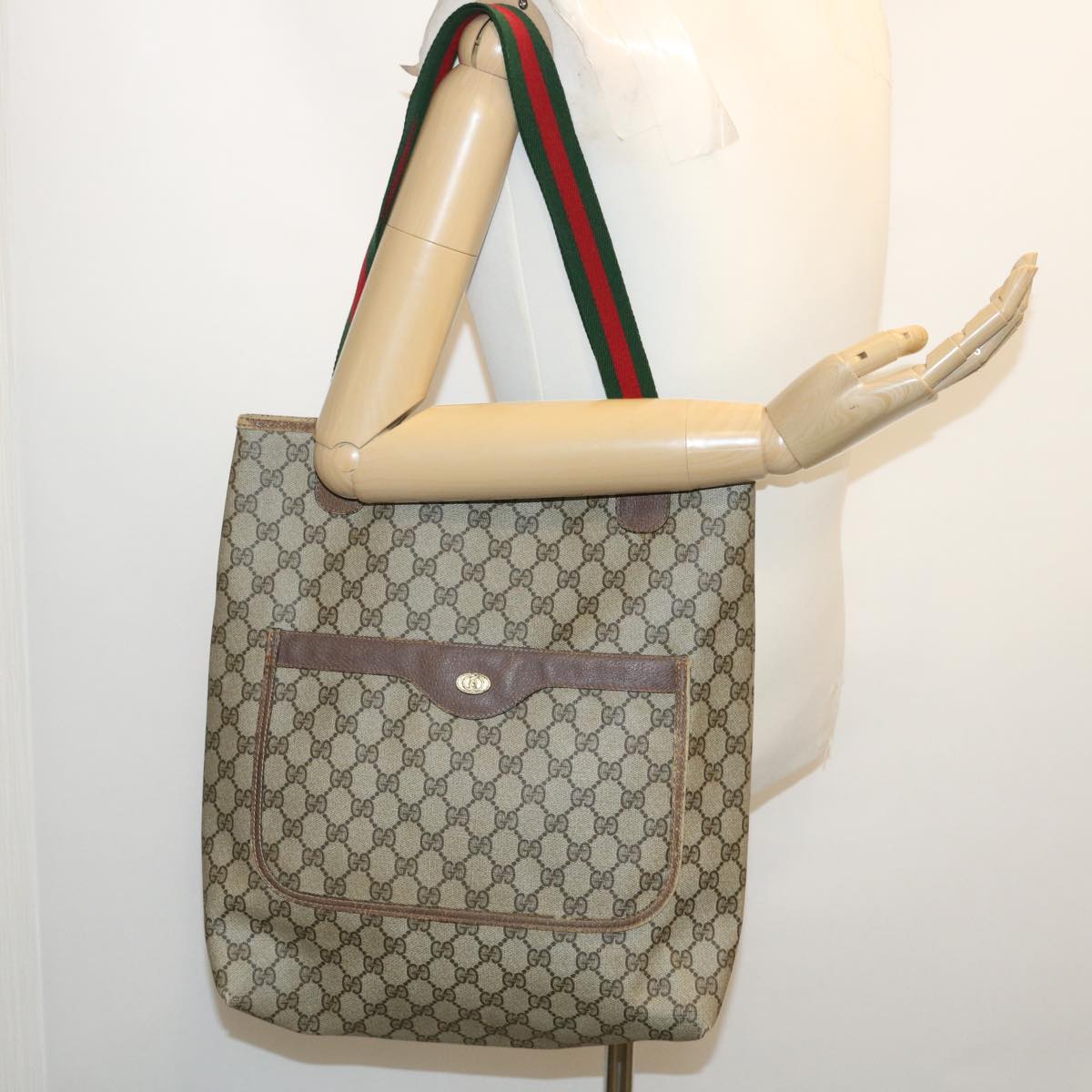 GUCCI Web Sherry Line GG Canvas Tote Bag Red Green Brown th2640
