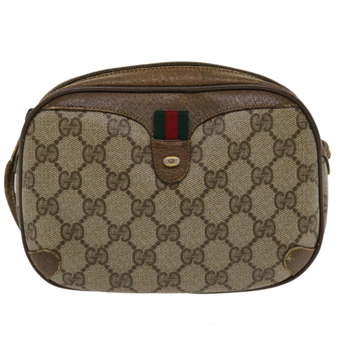 GUCCI GG Canvas Web Sherry Line Shoulder Bag PVC Leather Beige Red th3355