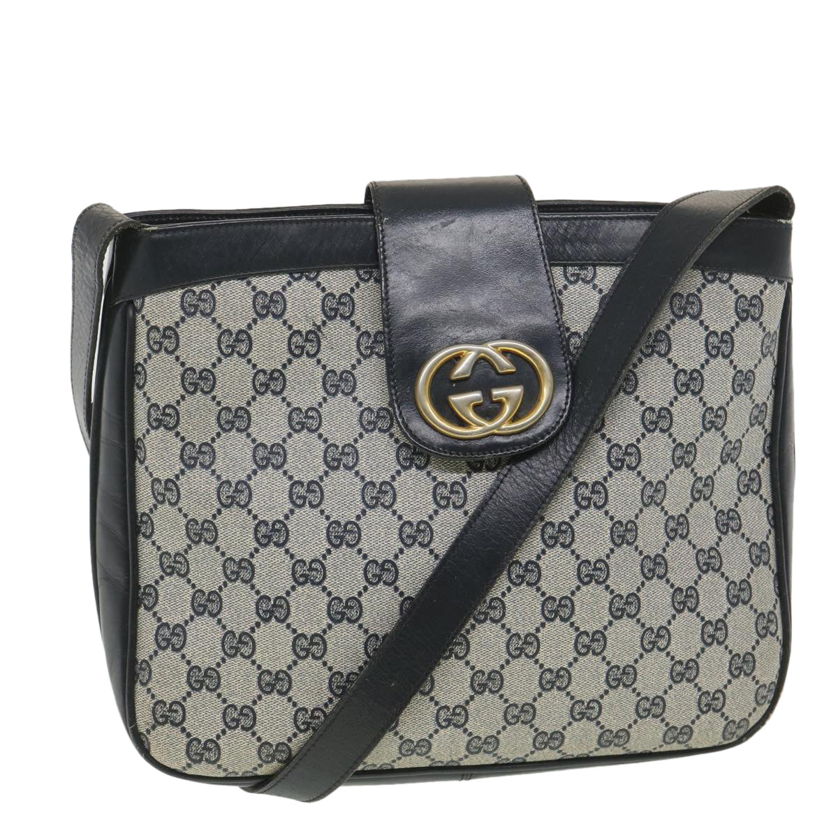 GUCCI GG Canvas Shoulder Bag PVC Leather Gray Navy th3458