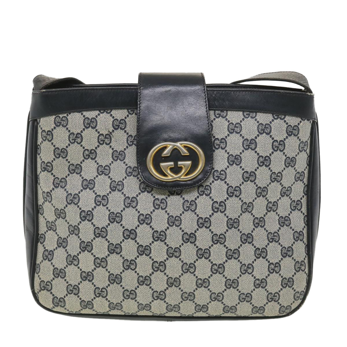 GUCCI GG Canvas Shoulder Bag PVC Leather Gray Navy th3458