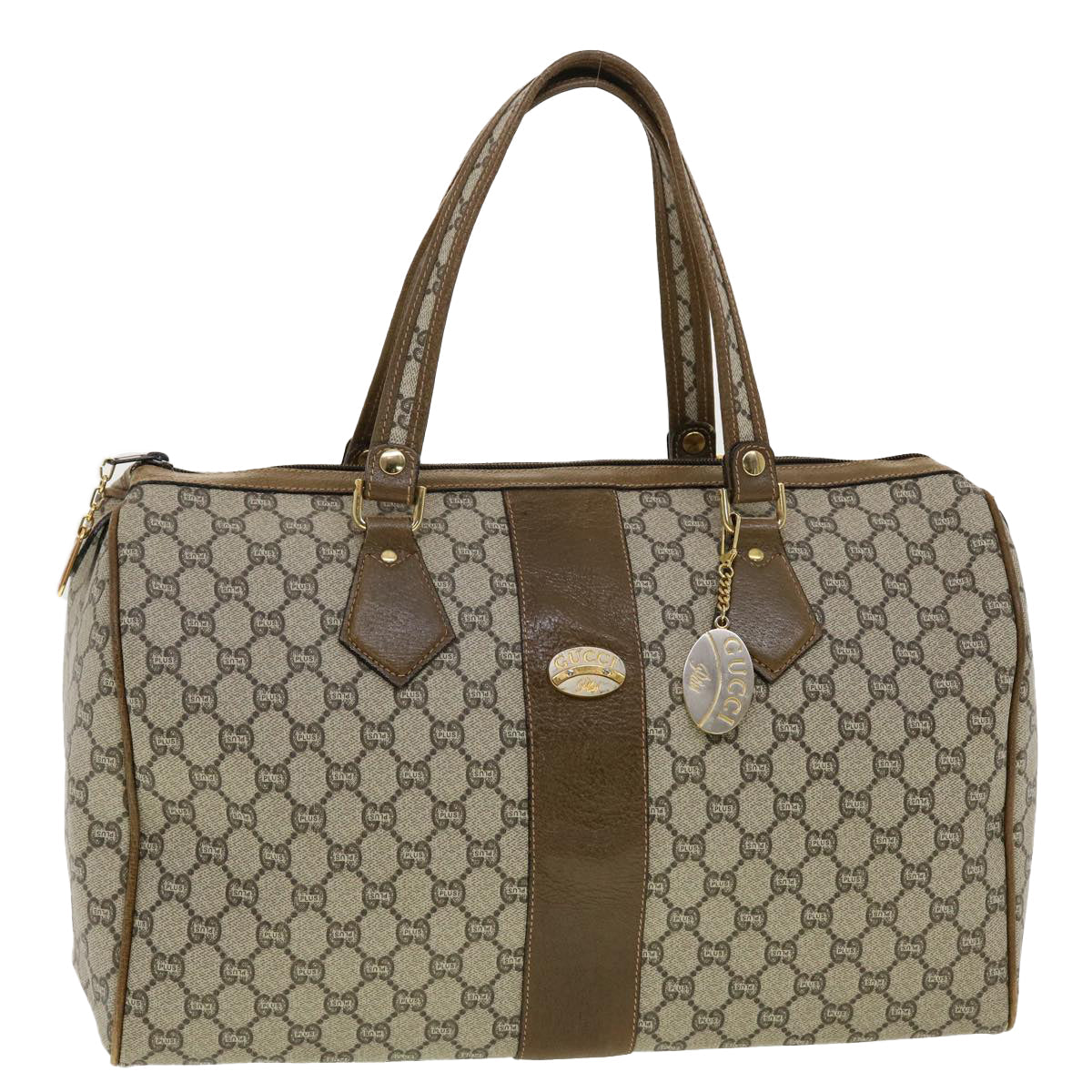 GUCCI GG Plus Canvas Boston Bag PVC Leather Beige th3568