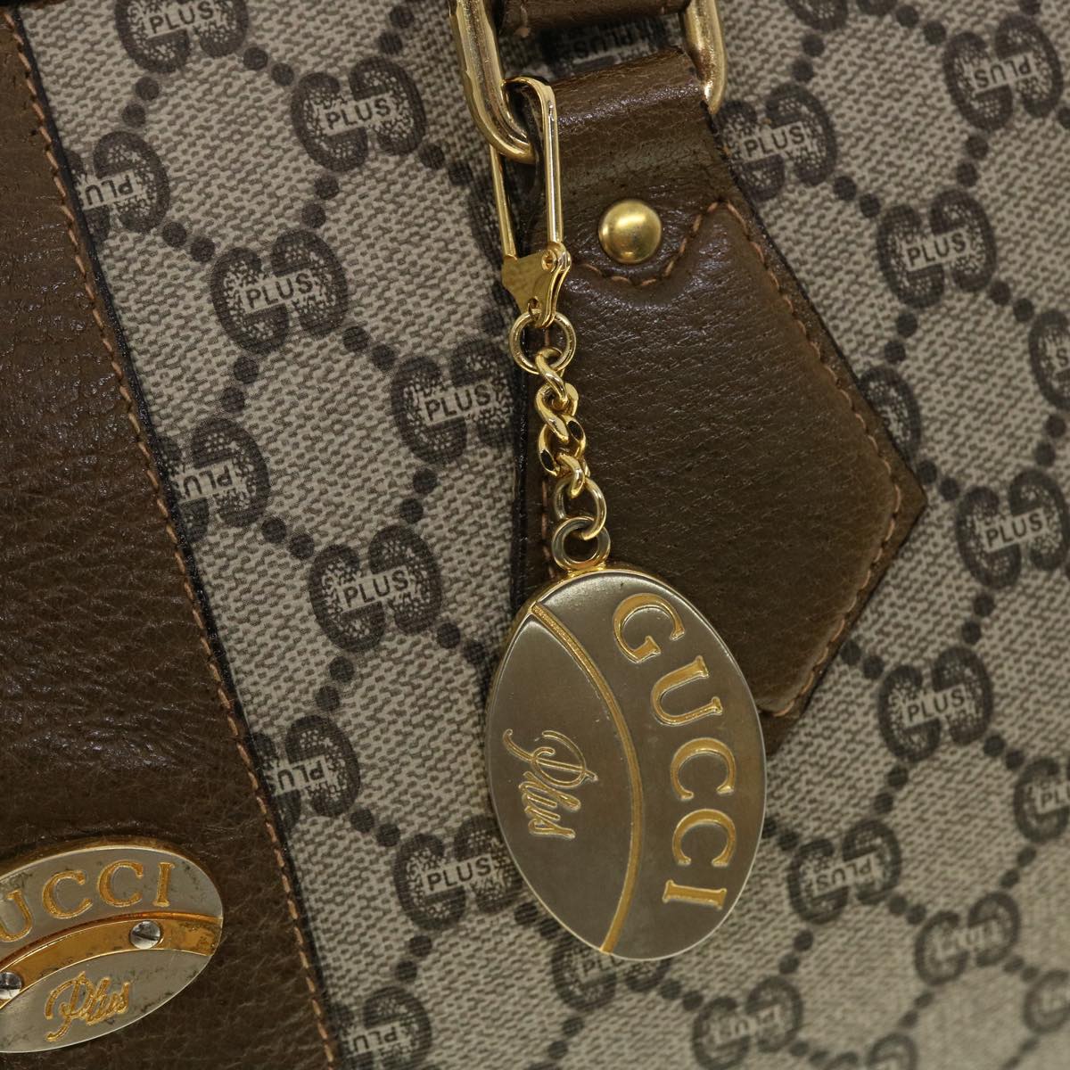 GUCCI GG Plus Canvas Boston Bag PVC Leather Beige th3568