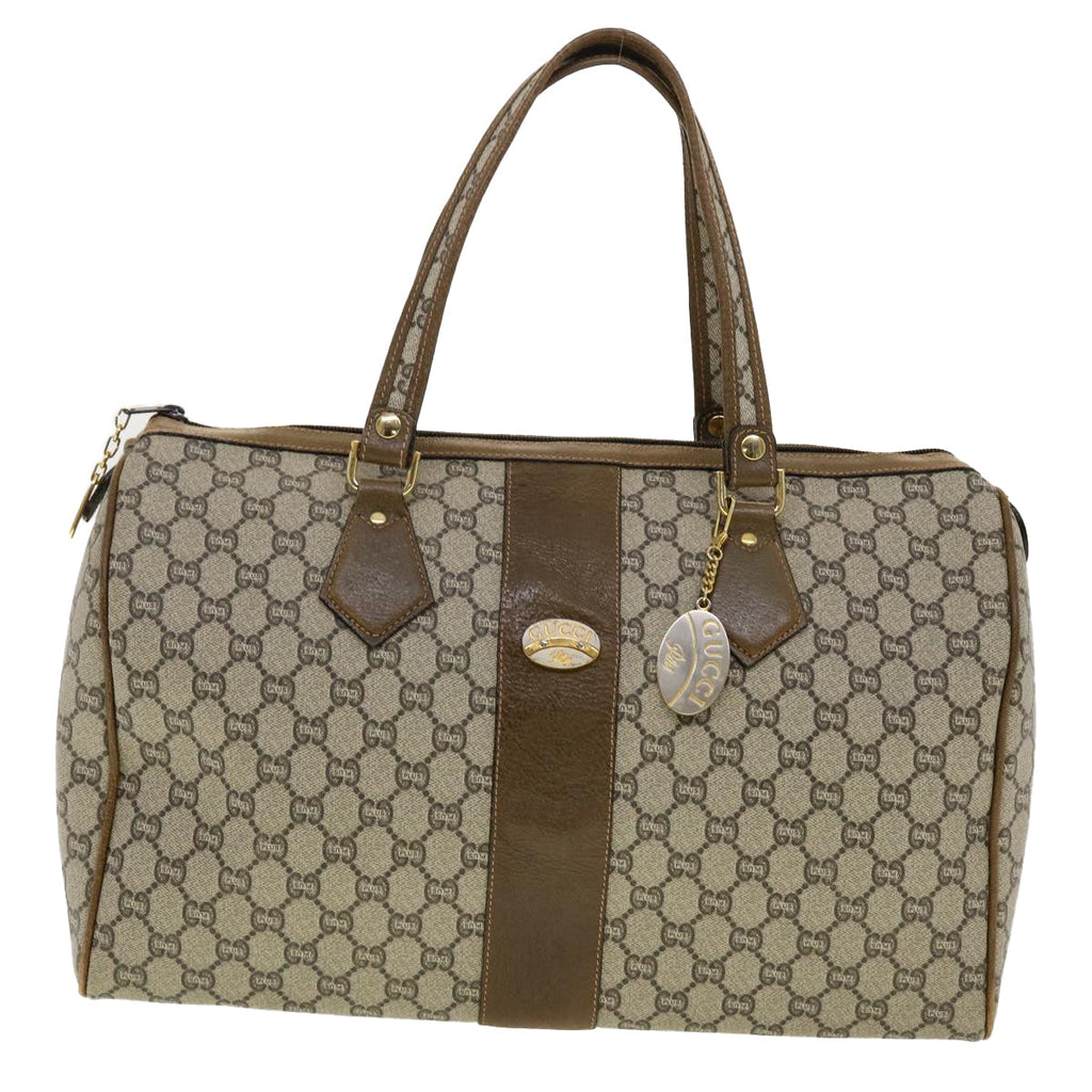 GUCCI GG Plus Canvas Boston Bag PVC Leather Beige th3568