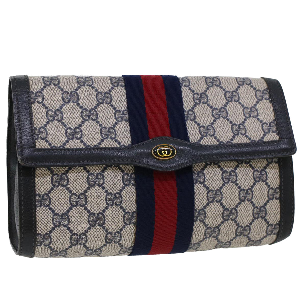 GUCCI GG Canvas Sherry Line Clutch Bag PVC Leather Gray Red Navy th3693