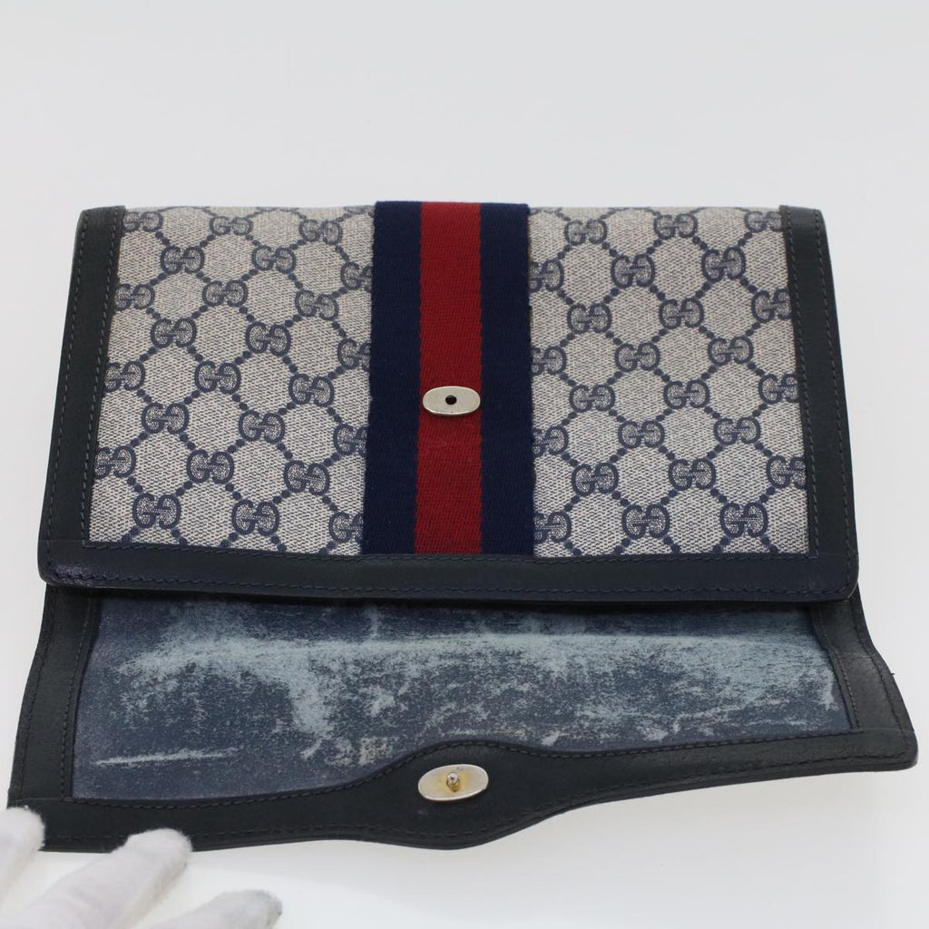GUCCI GG Canvas Sherry Line Clutch Bag PVC Leather Gray Red Navy th3693