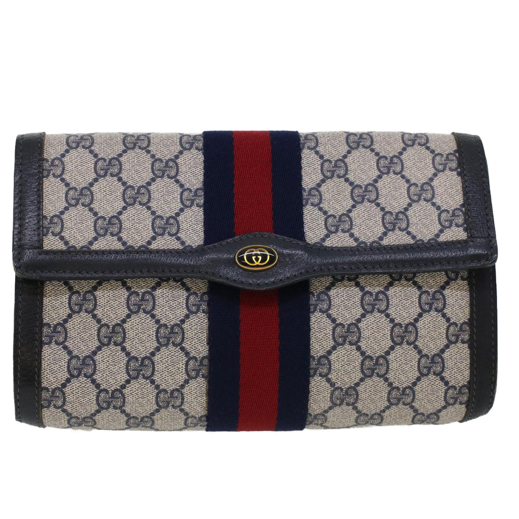 GUCCI GG Canvas Sherry Line Clutch Bag PVC Leather Gray Red Navy th3693