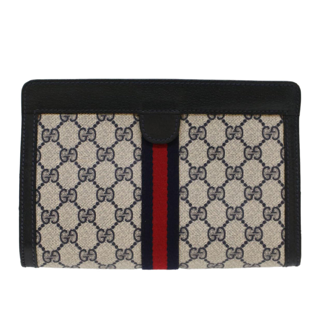GUCCI GG Canvas Sherry Line Clutch Bag PVC Leather Gray Red Navy th3819