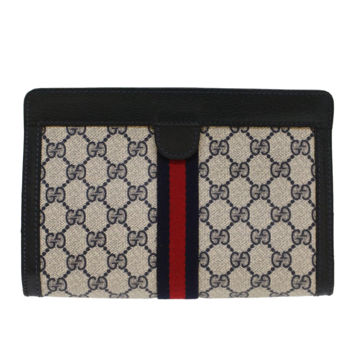 GUCCI GG Canvas Sherry Line Clutch Bag PVC Leather Gray Red Navy th3819