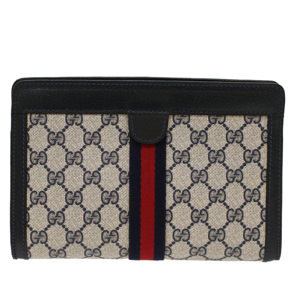 GUCCI GG Canvas Sherry Line Clutch Bag PVC Leather Gray Red Navy