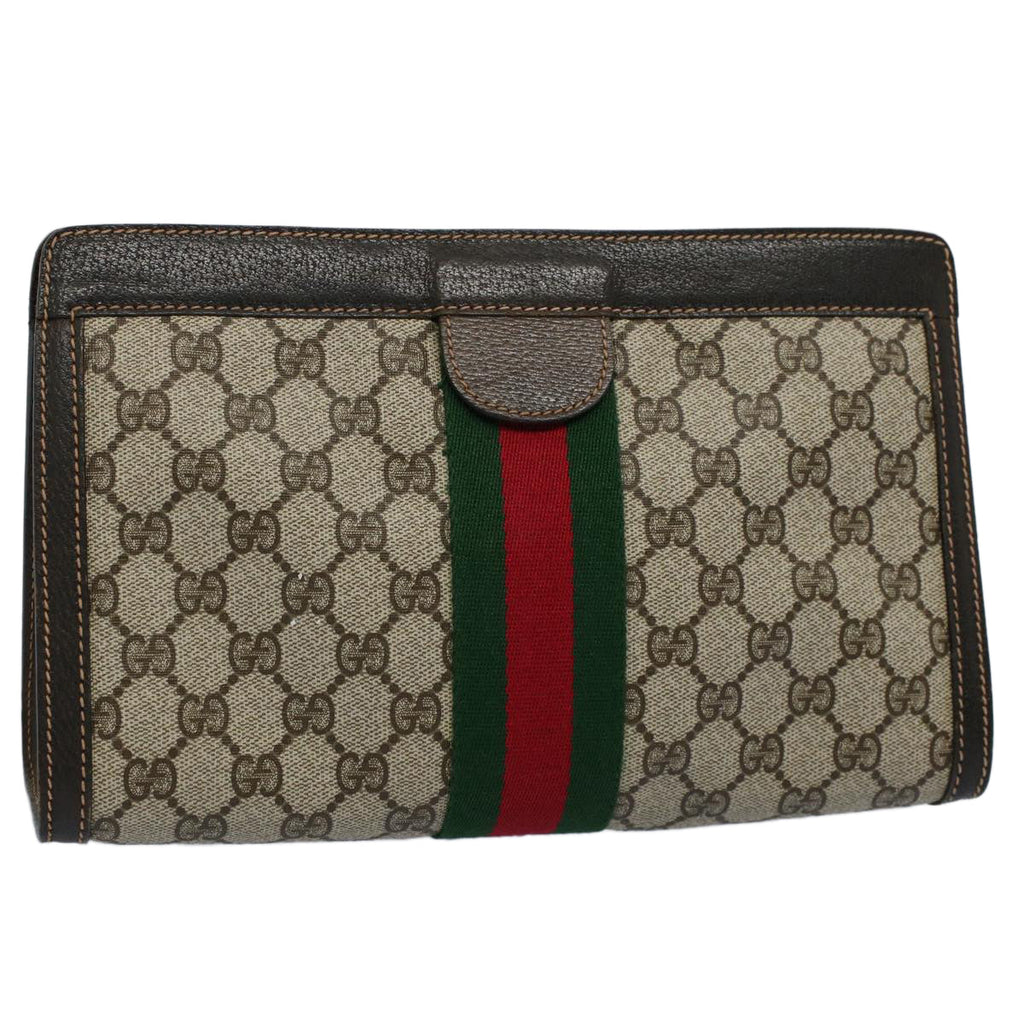 GUCCI GG Canvas Web Sherry Line Clutch Bag PVC Leather Beige Red th4035