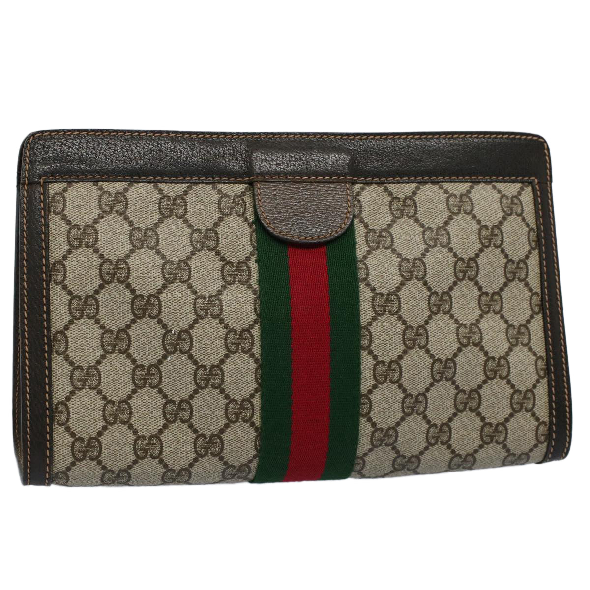 GUCCI GG Canvas Web Sherry Line Clutch Bag PVC Leather Beige Red th4035