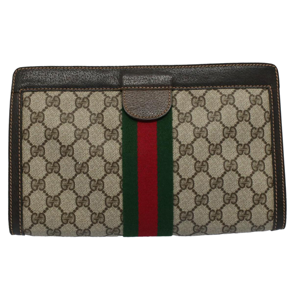 GUCCI GG Canvas Web Sherry Line Clutch Bag PVC Leather Beige Red th4035