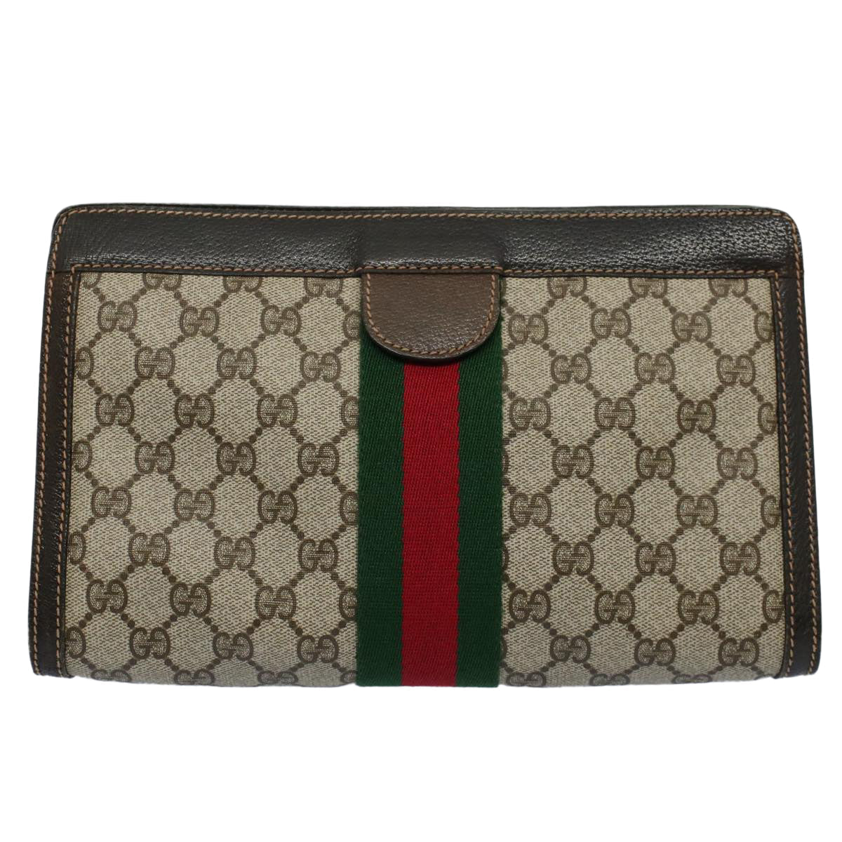 GUCCI GG Canvas Web Sherry Line Clutch Bag PVC Leather Beige Red th4035