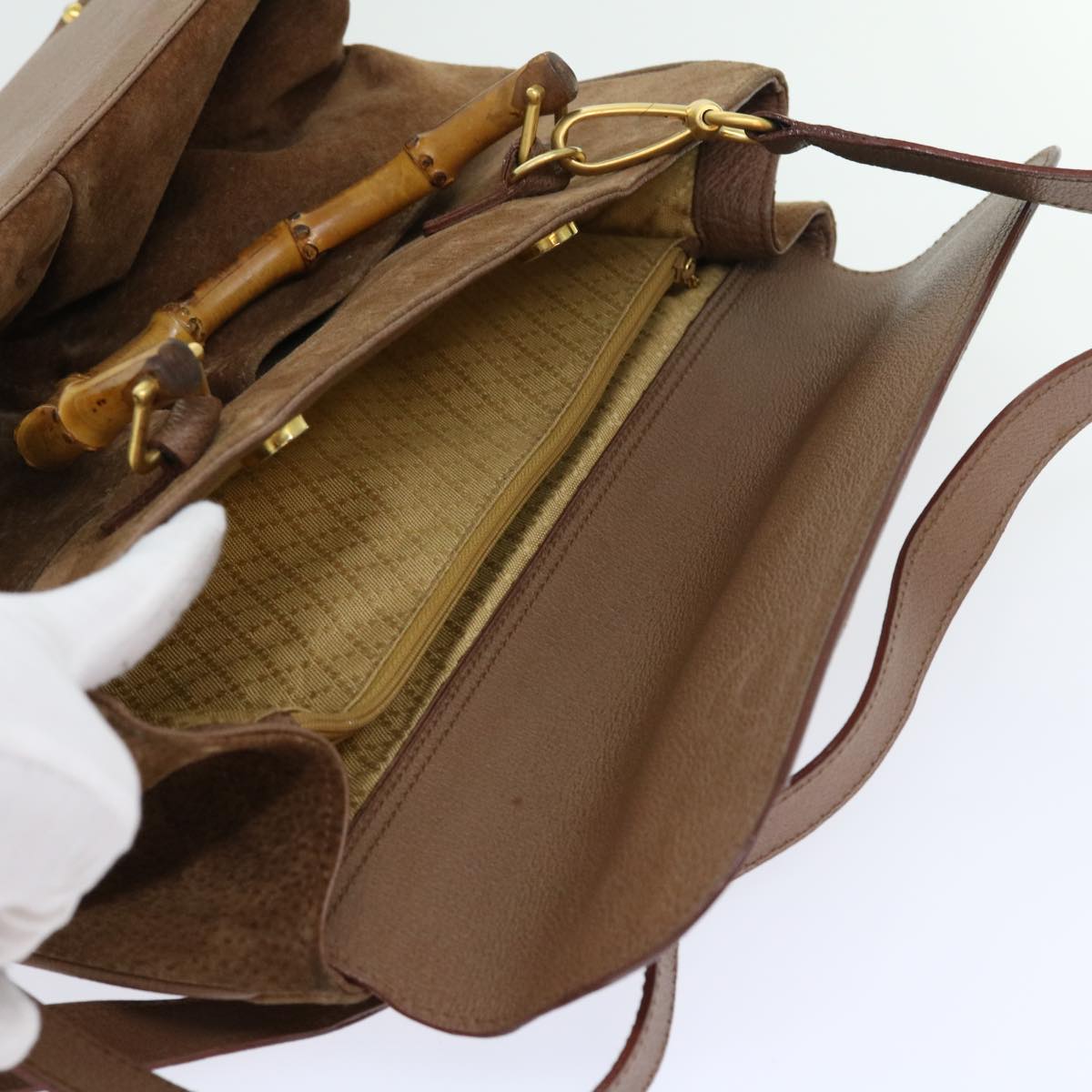 GUCCI Bamboo Hand Bag Suede 2way Brown 002 123 0322 th4058