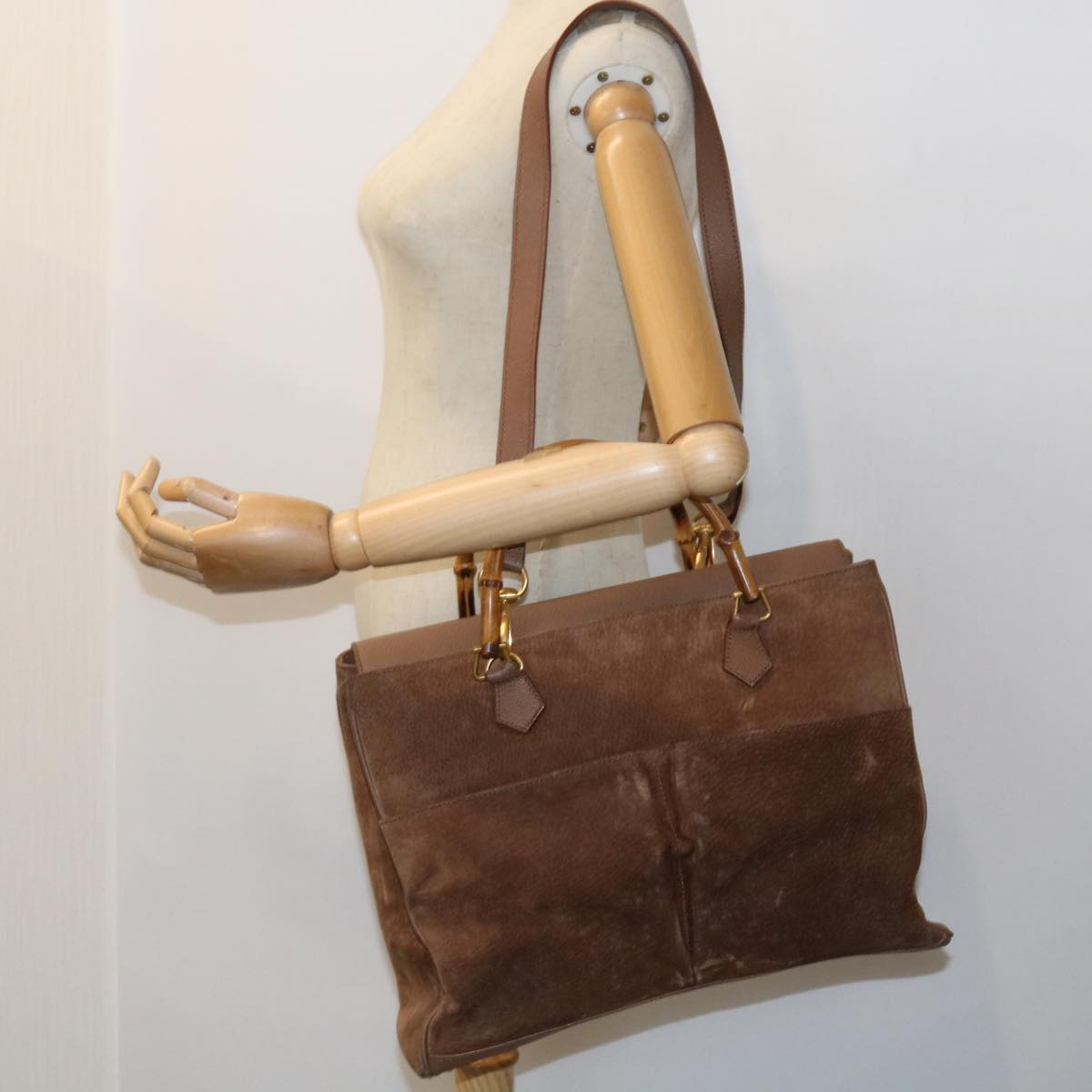 GUCCI Bamboo Hand Bag Suede 2way Brown 002 123 0322 th4058