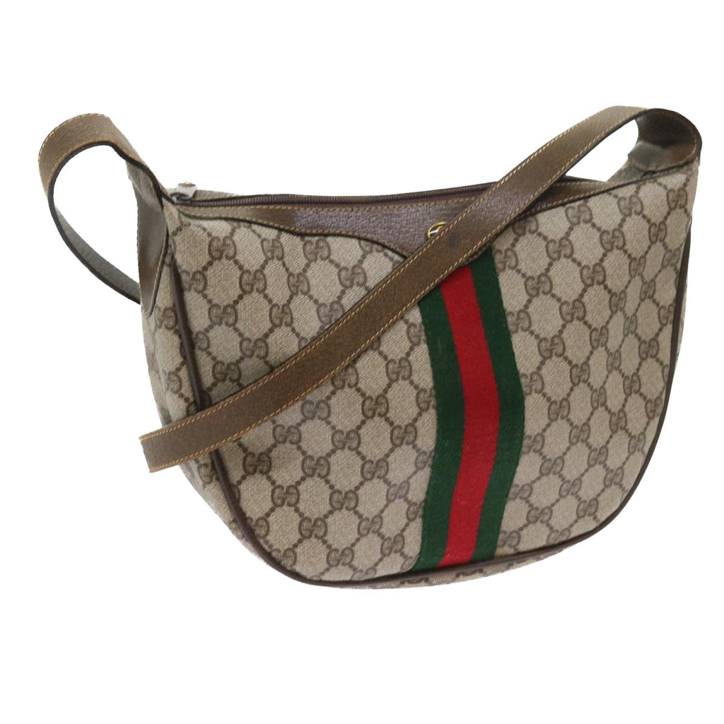 GUCCI GG Canvas Web Sherry Line Shoulder Bag PVC Leather Beige Green th4066