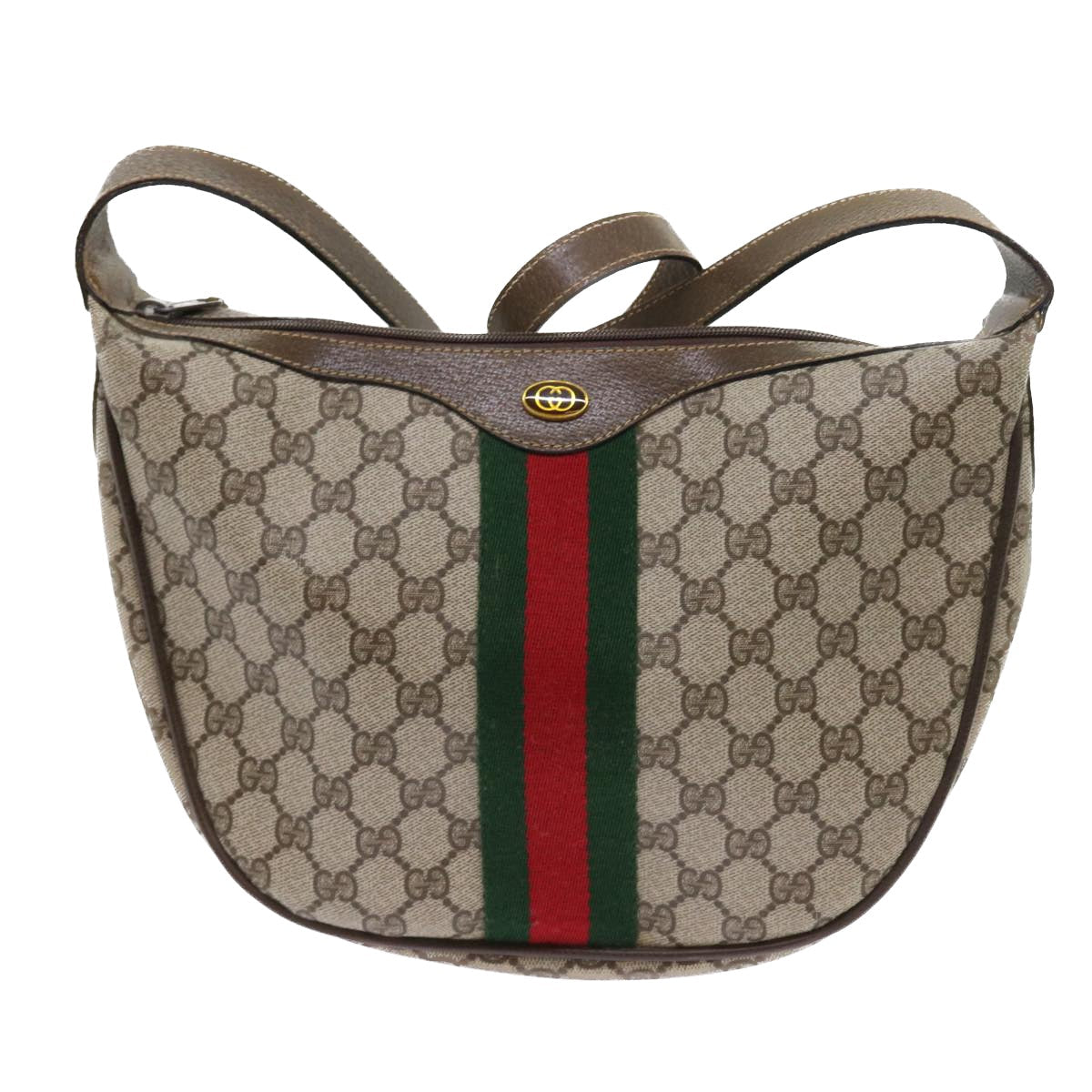 GUCCI GG Canvas Web Sherry Line Shoulder Bag PVC Leather Beige Green th4066