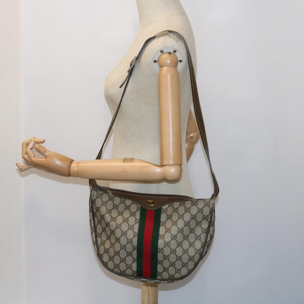 GUCCI GG Canvas Web Sherry Line Shoulder Bag PVC Leather Beige Green th4066