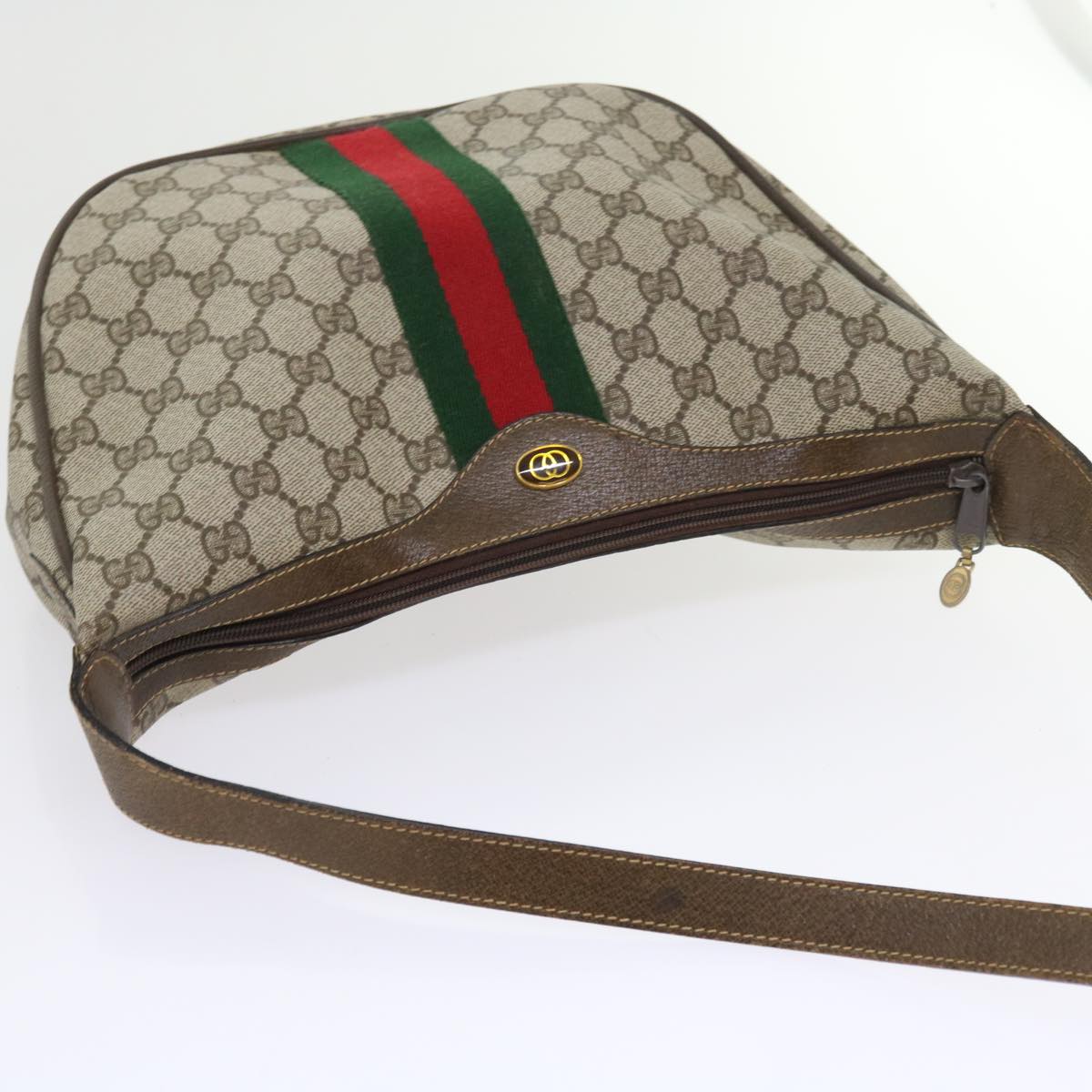 GUCCI GG Canvas Web Sherry Line Shoulder Bag PVC Leather Beige Green th4066
