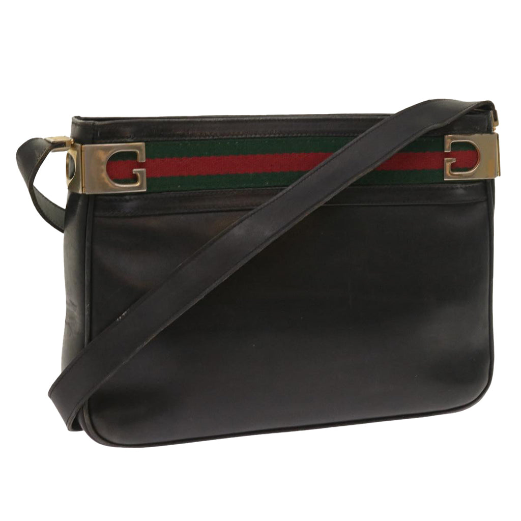 GUCCI Web Sherry Line Shoulder Bag Leather Black Red Green th4083