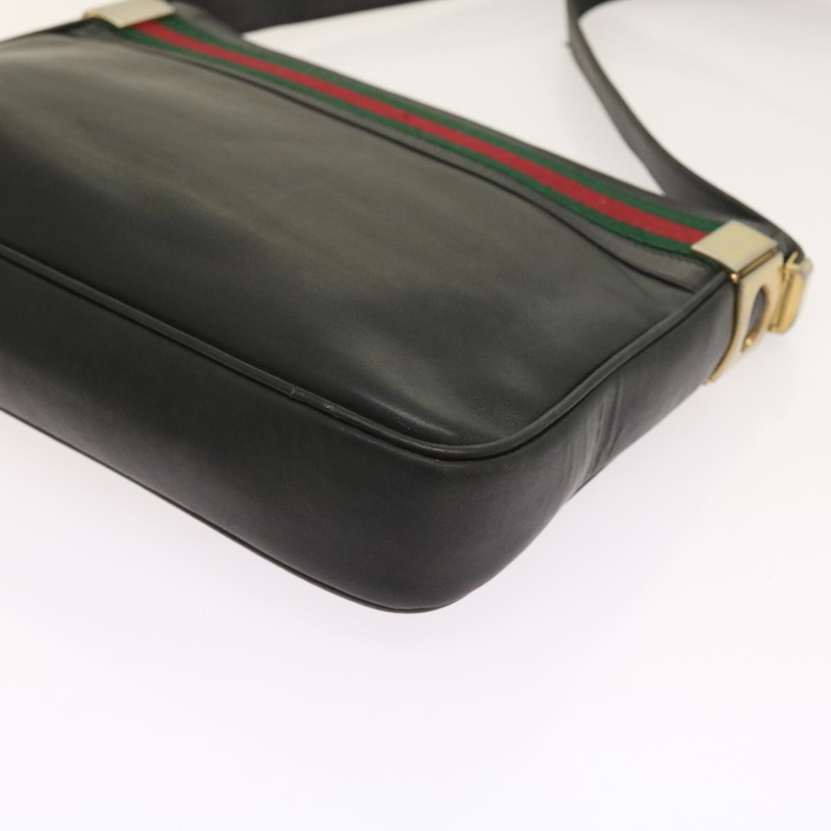 GUCCI Web Sherry Line Shoulder Bag Leather Black Red Green th4083
