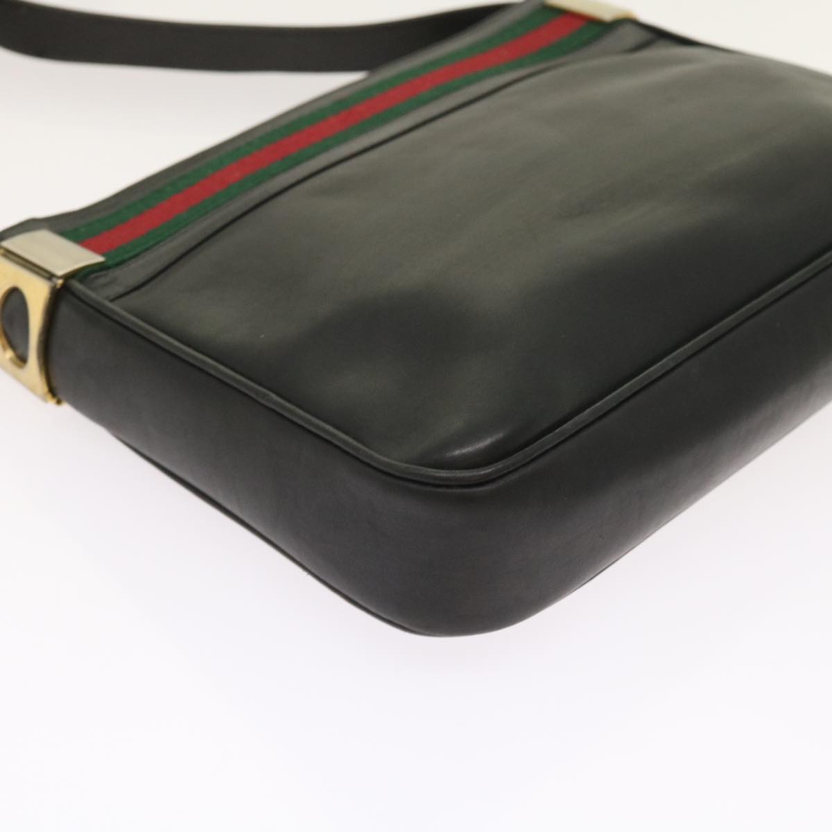 GUCCI Web Sherry Line Shoulder Bag Leather Black Red Green th4083