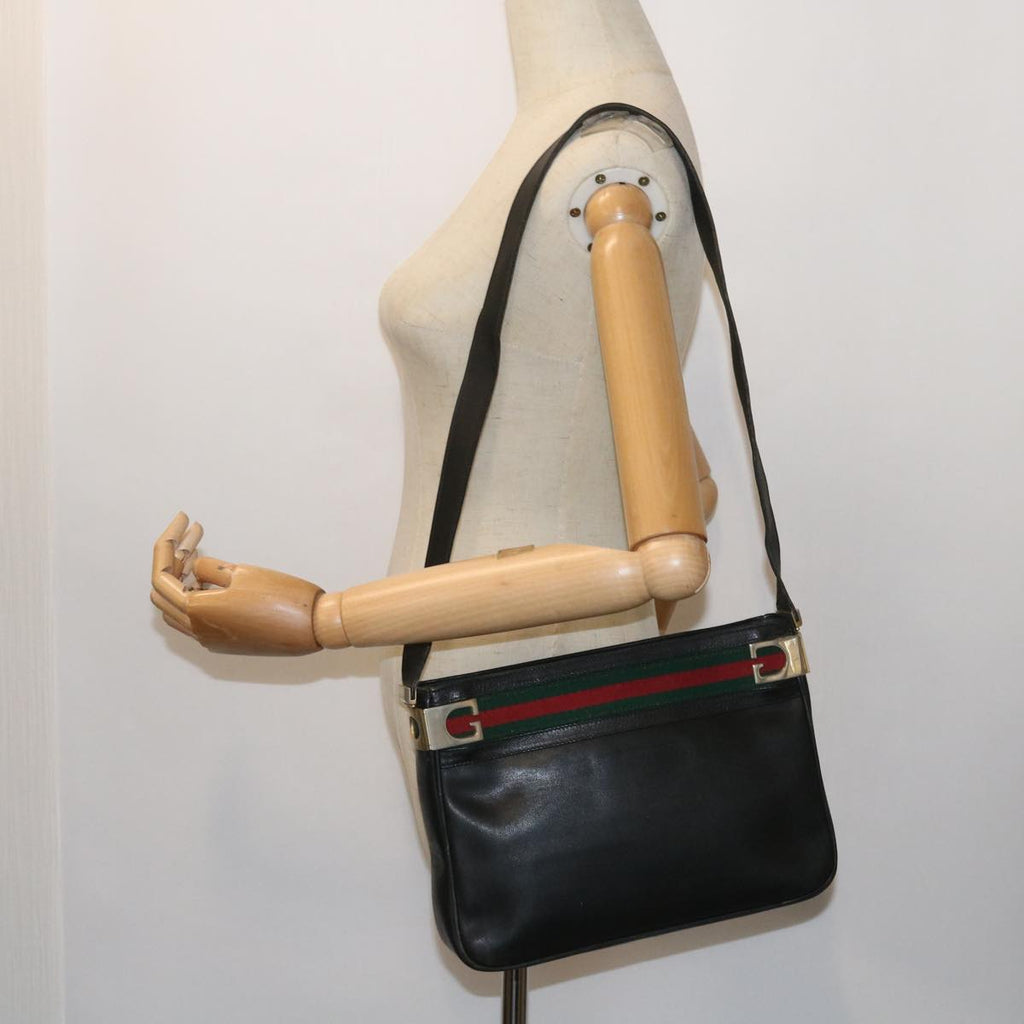 GUCCI Web Sherry Line Shoulder Bag Leather Black Red Green th4083