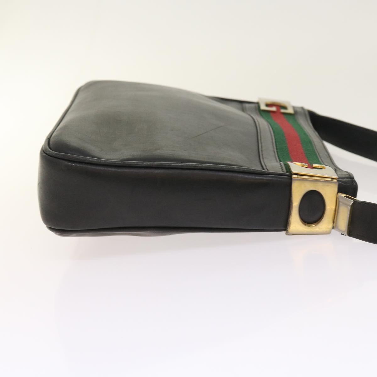 GUCCI Web Sherry Line Shoulder Bag Leather Black Red Green th4083
