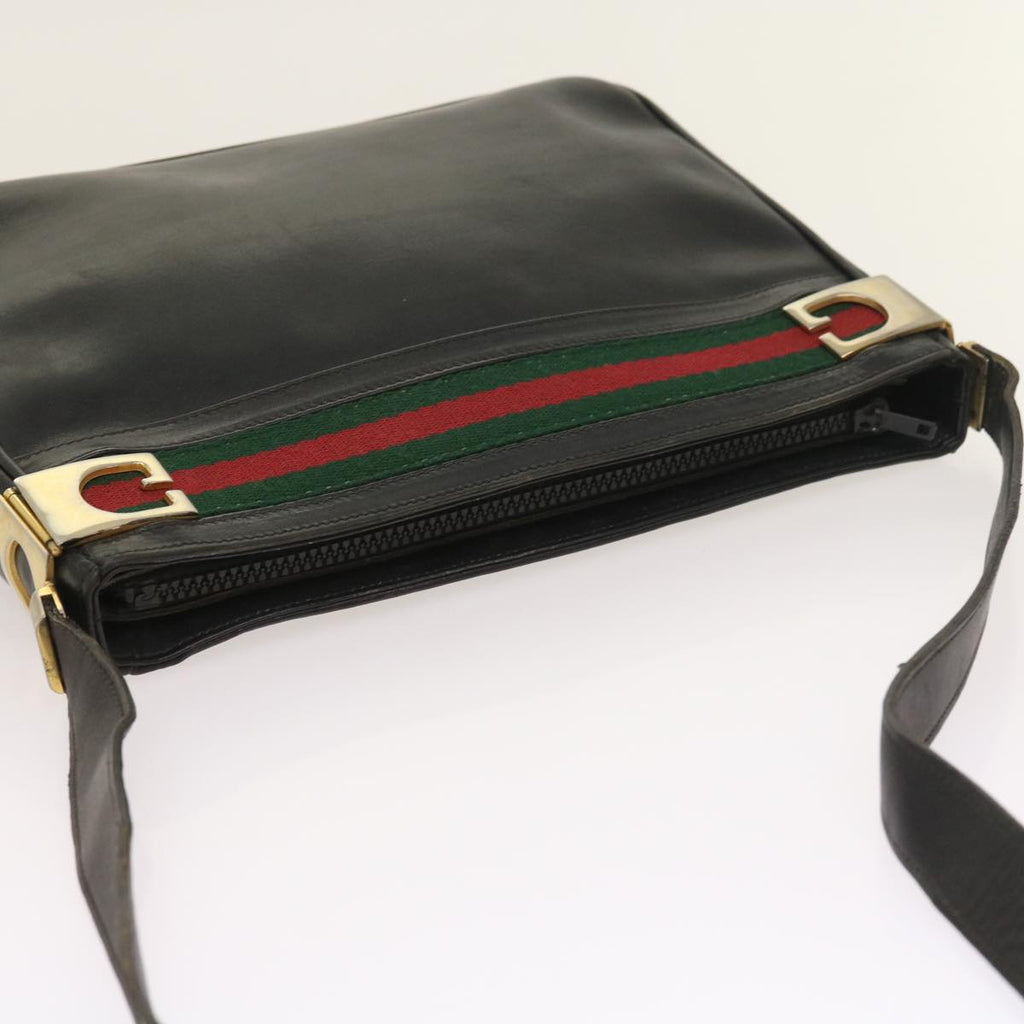 GUCCI Web Sherry Line Shoulder Bag Leather Black Red Green th4083